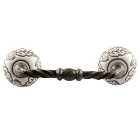 White Base Brown Leaf Flower Etched Ceramic Cut Bridge Handle